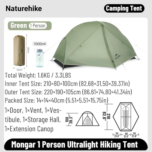 Naturehike Mongar 2 Person UL Camping Tent | PU2000mm+ Waterproof 1-2 Person Backpacking Tent, Ventilation System, Multi-Mode Double-Layer Freestanding for Hiking Travel - color: Green, size: 1 person