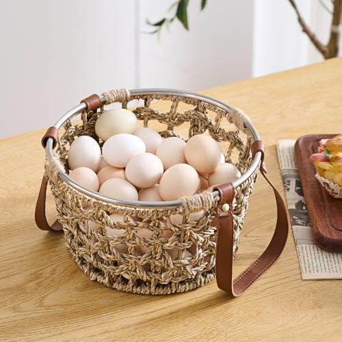 Farmhouse Seagrass Egg Baskets - Handmade Wicker Egg Collecting Basket with Handle - color: Round-Seagrass