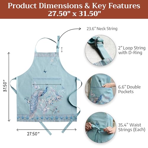 Maison d' Hermine Aprons for women with Pocket 100% Cotton (27.50"x31.50") | Adjustable Neck Strap & long ties Apron Men Chef Wedding Cooking Gardening Server Maid - color: 022 - Peacock Utopia - Pastel Turquoise