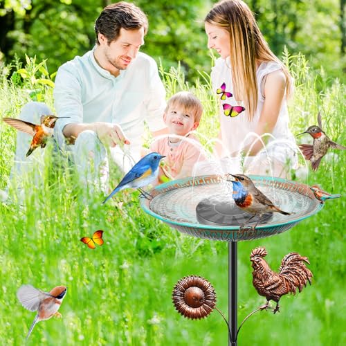 38" Metal Bird Bath for Outside, Vintage Garden Birdbath with Bird Statue, Freestanding Bird Bath Freeder with Sturdy 5 Prongs Base for Outdoors Patio Yard Lawn Decor (Retro Cyan) - color: Retro Cyan
