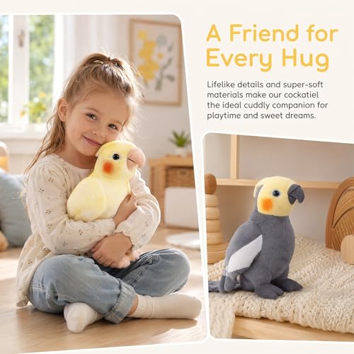 Cockatiel Plush Toy Set - 2pcs Simulation Yellow and Grey Parrot Stuffed Animal, Cute Little Bird Doll as Gift for Your Friends 7 Inch - style: Gray and Yellow