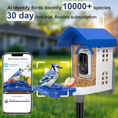 Smart Bird Feeder with Camera Solar Powered, AI Species Identification, 2K HD Video, Instant Arrival Alerts, Weatherproof Design for Outdoor, Best Gift for Bird Lovers(Blue) - color: Blue