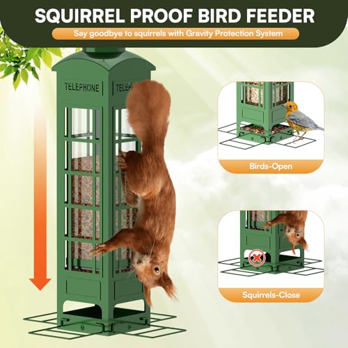 Bird Feeder Squirrel Proof with Weight Activated Perches,Metal Balcony Bird Feeders for Outdoor Hanging,Mesh Wild Birds Seed Feeder for Outside,Cardinal, Finch Blue Jay Woodpecker,3LB Capacity - color: Green