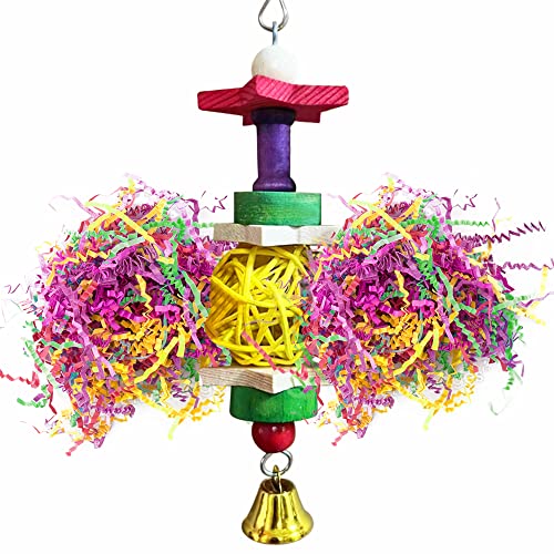 SunGrow Parakeet Toy, Brightly Colored Hanging Toy Made of Rattan, Wood and Shredded Paper, for Small and Medium Parrots, Cockatiels, Lovebirds and Finches (1 Piece)