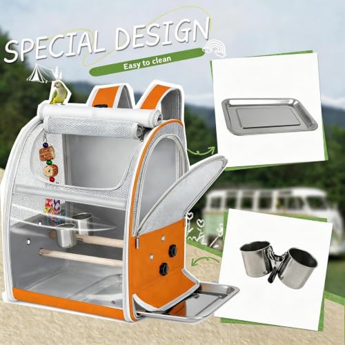 Sanmoncare Bird Carrier Backpack with 2 Adjustable Perches, Water-Repellent Parrot Travel Cage with Stainless Steel Tray, Breathable Pet Carrier for Cockatiels, Conures and Vet Visits, Orange - color: Orange