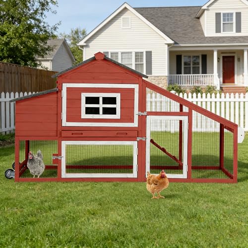 Large Chicken Coop with Run, Mobile Chicken Tractor with Wheels, Wooden Hen House with Waterproof Roof, Nesting Box and Pull-Out Tray, Poultry Cage for 4 Chickens, Rabbit/Bunny Hutch (Red) - color: Red
