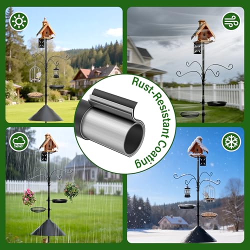 99 Inch Bird Feeder Pole with Squirrel Baffle, 360° Rotating Heavy Duty Bird House Pole for Outdoors Garden Yard, Adjustable Height Bird Feeder Stand with Shepherds Hooks Metal Trays