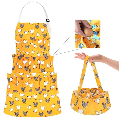 2 Pcs Egg Collecting Apron Chicken Gathering Basket with 7 Pouches Fresh Egg Holding Apron with 11 Pockets - color: Yellow Type 02
