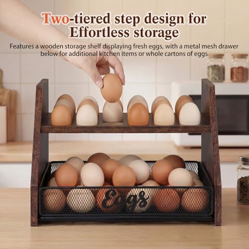 LemonRoad Wooden Egg Holder Fresh Egg Holders with Wire Basket Organizer for Countertop 24+60 Eggs Rustic Kitchen Organizer Basket for Gathering Fresh Chicken/Duck/Quail/Turkey Eggs(Brown) - color: Brown