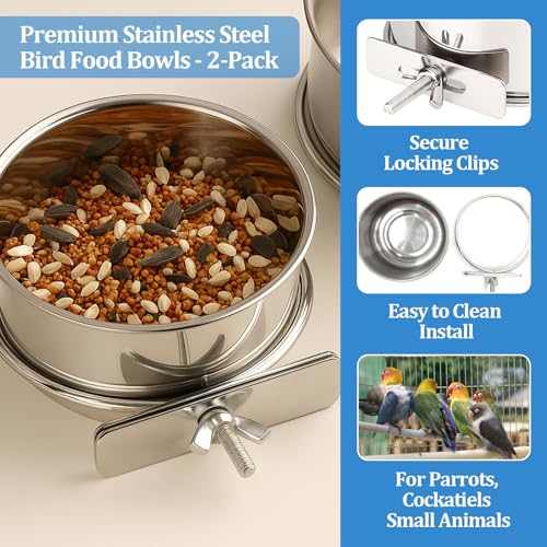 2 Pack Stainless Steel Bird Food Bowl Small Bird Feeding Dish Cups for Cage Parrot Food Bowl Cage with Clamp Holder for Parrots, Cockatiels, Small Animals (S+M) - size: S+M