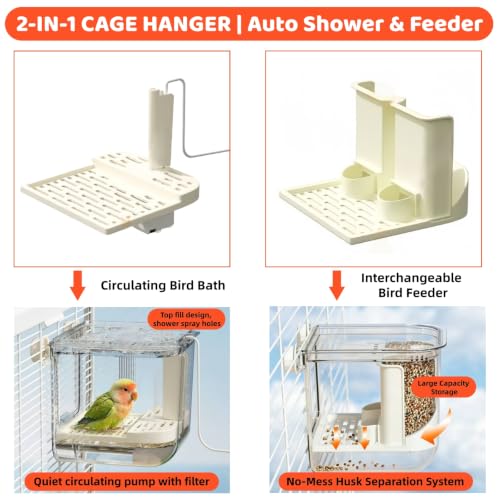 Automatic Bird Bath, Parrot Shower with Circulating Water (Clear with Feeder) | Indoor Parrot Bath Cage Accessories with Circulation Pump for Parakeet Budgie Cockatiel Finches Cockatoo Conure Pet Bird - color: Transparent