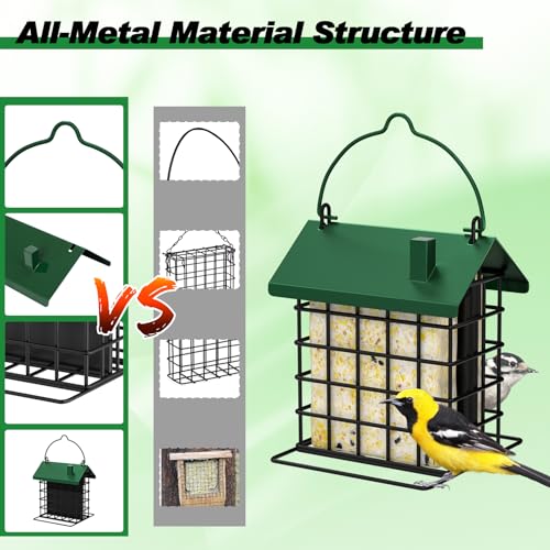 Gbekery All-Metal Double Suet Bird Feeder for Outdoors Hanging, Suet Cake Cage Holder with Weather-Resistant Roof & Perch for Outside Garden, Green - color: Green