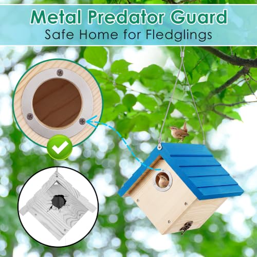 Dreyoo 2 Pack Wren House, 1-1/8'' Entrance Hole Hanging Wooden Wren Bird Houses for Outside with Metal Guard, Air Vents, Pine Wood for Chickadees (Blue,Wood Color) - color: Blue, Wood Color