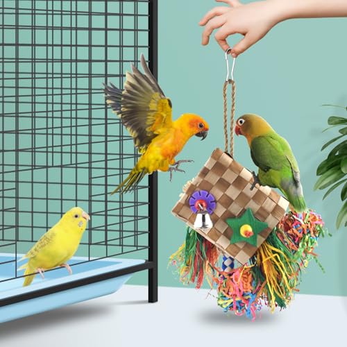 Bissap Bird Chew Toys, Parrot Foraging Shredder Natural Palm Frond Hanging Cage Toy for Conure Lovebird Budgie Cockatiel African Gray Cockatoos Amazon and Similar Sized Pet Birds - Flat Square - style: Flat Square