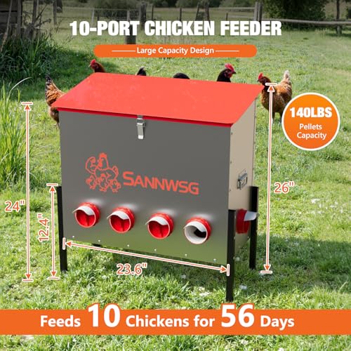 Sannwsg Chicken Feeders,126 lb Capacity 10 Port Automatic Chicken Feeder, Metal Chick Feeder with Locking Lid and Legs, Chicken Feeder for Chickens, Ducks, Geese - size: 10 Ports (4+4+2)