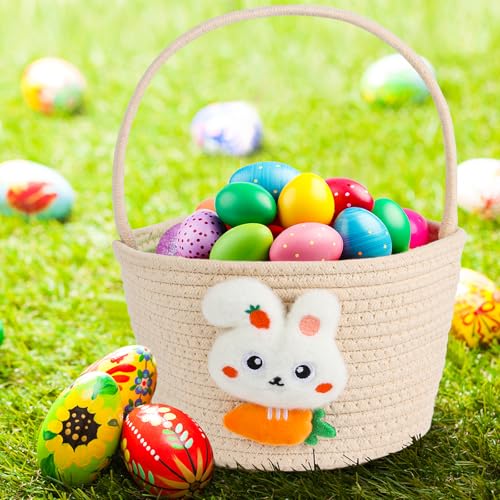 FOIMAS Easter Egg Basket,Easter Bunny Woven Basket for Boys Girls Easter Egg Hunts Game Party Gifts Home School Yard Garden White