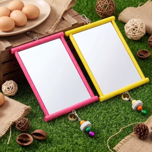Sumind 2 Pieces Chicken Mirror Toys Hanging Swing Mirror with Bell Wooden Pecking Toy and 4 Pieces Beak Grinding Molar Stones for Hens Birds Parrots (Rose Red,Yellow,9.84 x 10.63 Inches) - color: Rose Red,Yellow, size: 9.84 x 10.63 Inches