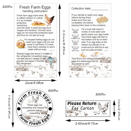 Egg Carton Label Kit, 1400 Pieces, Stickers and Handling Cards | 200 Egg Handling Instructions Stickers for Farm Fresh Eggs 600 Farm Fresh Eggs Stickers - color: Egg Set
