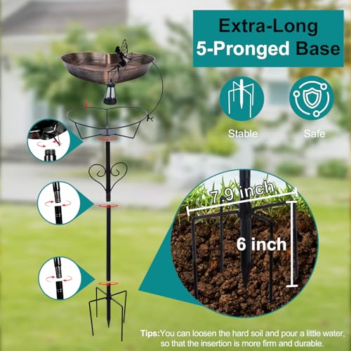 Bird Bath with Solar Lantern - 3.2" Deep, 13.8" Removable Bowl | Vintage copper finish, 35.7" rust-resistant 5-pronged stake, romantic garden gifts for bird lovers, mom, or grandparents