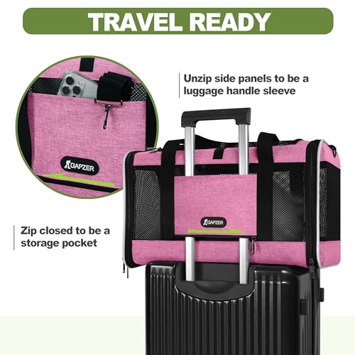 GAPZER Cat Carrier 18x11x11 Delta Airline Approved, Pet Plane Travel Crate | Soft Teacup Dog Bag 12 lbs, Yorkie Taxi Kennel Easy Load, Carrying Case for Kitten Cat up to 15 pound, Toy Poodle Mesh Cage - color: Pink