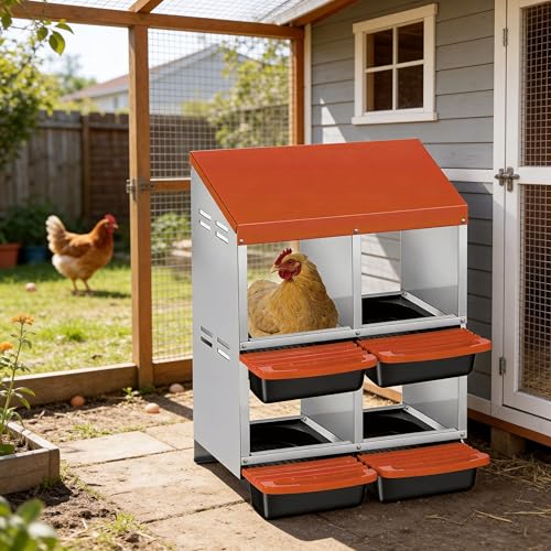 Double Tier 4 Holes Chicken Nesting Boxes for Laying Eggs, Wall-Mounted & Floorstanding Nesting Boxes for Chickens Ducks Geese, for Farm Backyard Chicken Coops, Orange - color: Orange, size: 4 Holes & 2-tier