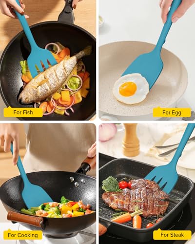 Pack of 2 Silicone Spatula Turners, Non Stick Slotted Kitchen Spatula Set, Heat Resistant BPA Free Kitchen Utensils, One-Piece Design, Suitable for Flipping Fish, Eggs, Steak, Pancakes(BLUE) - color: Blue