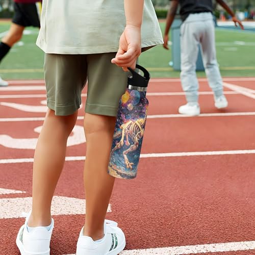 Dinosaur Water Bottles for Boys Oil Painting Leakproof Insulated Flask Jug Insulated Stainless Steel Travel Mugs Thermos Bottle Cups with Straw Lid for Sport 600ml - color: oil painting t-rex running