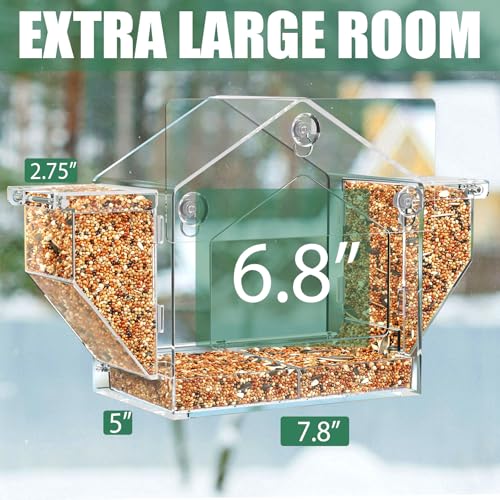 Window Bird Feeder with Dual Side Storage, Strong Suction Cups and Adhesive | High Capacity Outside Birdfeeder for Window, Close-up Viewing for Indoor Cats & Seniors, Ideal Nature Gift