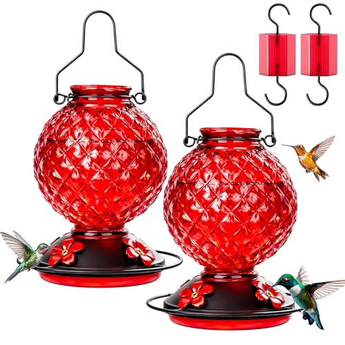 2 Pack 25 OZ Glass Hummingbird Feeder for Outdoors, Leak Proof Hummingbird Feeder with Ant Moat, 4 Bee Resistant Feeding Ports, Easy Clean Wide Mouth Design, Hanging Nectar Feeder, Red - color: Red - 2