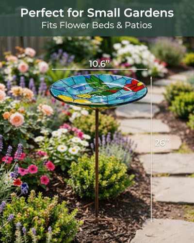 Glass Bird Bath Small Birdbath for Garden Decor, Blue | 10.6" Bowl, 26" Height 4-Prong Stable Stake Easy to Clean Outdoor Bath or Feeder for Hummingbirds & Small Birds, Handcrafted