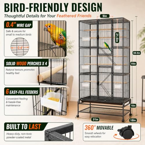 69.5 Inch Extra Large Wrought Iron Parrot Cage Divided Breeding Cage with Grid Dividers Built in Pet Door Pedal Lock Wheels for Parrot Turtledove Oriole Cuckoo Black