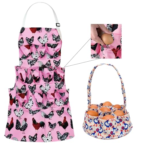 2 Pcs Egg Collecting Apron Chicken Gathering Basket with 7 Pouches Fresh Egg Holding Apron with 11 Pockets - color: Pink Type 02