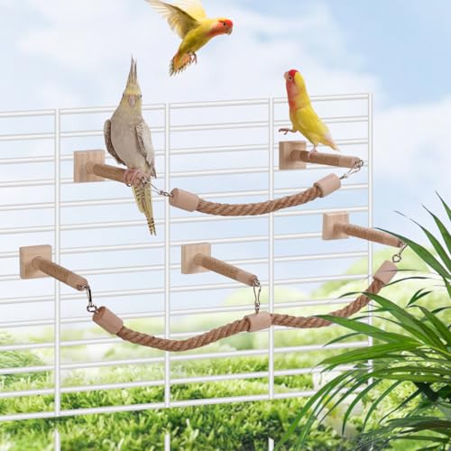 La La Pet Bird Rope Perches for Cage Natural Wood Standing Perch Hanging Bridge and Swing Interactive Birds Toys for Conures Budgies Parakeets Cockatiels Lovebirds 2-Set