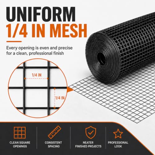 HORCH Black Hardware Cloth 1/4 inch 48 x 50 ft 23 Gauge | Wire Mesh Roll, Chicken Wire Fencing, Garden Fencing, Welded Wire Fence Roll, Chicken Coop/Run Wire, Rat Wire - size: 1/4'' x 48'' x 50'