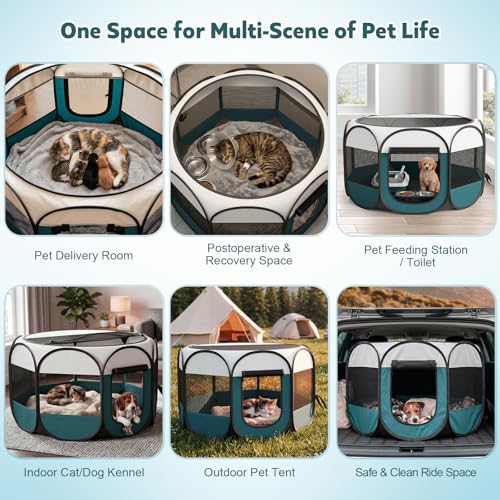 Portable Pet Playpen for Cat Dog: Foldable Cat Playpen Enclosed Up to 40lbs | Large Pop Up Indoor Outdoor Kennel for Puppy Kitten, Carry Case, Removable Zipper Top, 600D Oxford, Waterproof Base, Camping - style: L [44.9" × 44.9" × 22.8"]