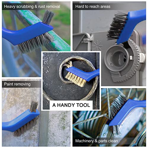 Wire Brush Set 3Pcs - Nylon/Brass/Stainless Steel Bristles with Curved Handle Grip for Rust, Dirt & Paint Scrubbing with Deep Cleaning – 7 Inches (Blue) - color: Blue