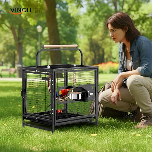VINGLI Small Bird Cage, 19 inch Travel Carrier Bird Cage with Handle, Wrought Iron Parakeet Cage with Wooden Perch for Parrot Lovebirds Finches Small/Medium Birds (Hammertone Black) - color: Hammertone Black