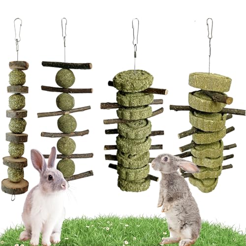 LWINGFLYER 4 Pack Bunny Chew Toys Apple Wood Chews Rabbit Cage Hanging Grass Cake Snack Treat for Teeth Grinding Improve Small Pet Guinea Pigs Chinchillas Hamsters Parrots Dental Health