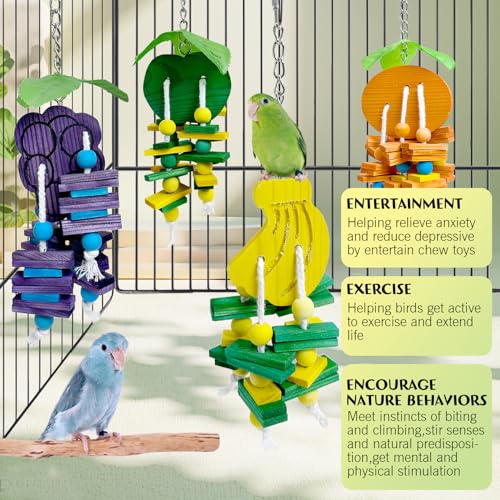 Hamiledyi Natural Wood Block Bird Cage Toys Parrot Chewing Toy Orange&Apple& Banana&Grapes Shaped Hanging Foraging Toy for Small&Medium Birds Parakeets Cockatiels,4pcs - style: A