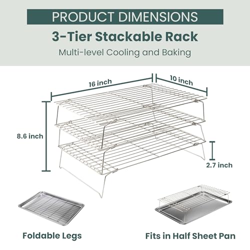 Durable 3 Tiers Stackable, 16" x 10" Cooling Rack for Baking | Professional Grade, Premium 100% Stainless Steel, Baking Rack & Wire Cooling Mesh, Dishwasher Safe, Oven Safe - size: 10" x 16" 3-Pack