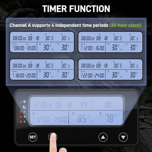 Reptile Temperature Controller with Timer, PID Reptile Digital Thermostat, 3-Channel Thermometer Hygrometer w/Memory, 2 IN 1 Day Night Temperature Humidity Gauge for Heat Lamp Heat Mat Fogger