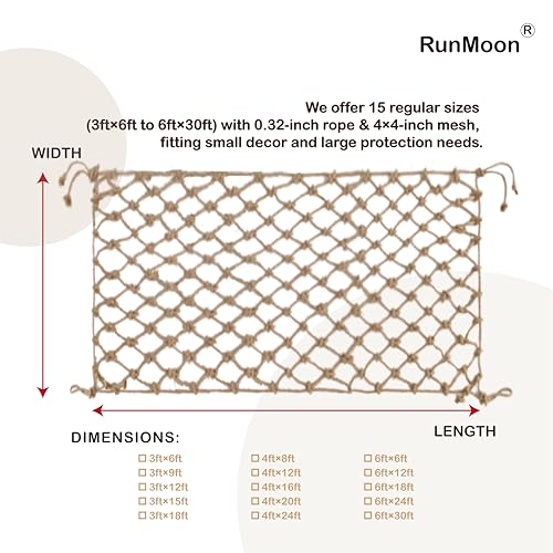 Multi-Use Hemp Rope Net: Natural Jute, 15 Sizes, Ideal for Indoor/Outdoor Decor & Safety, Handcrafted with Free Installation Accessories (6x18ft) - size: 6x18ft