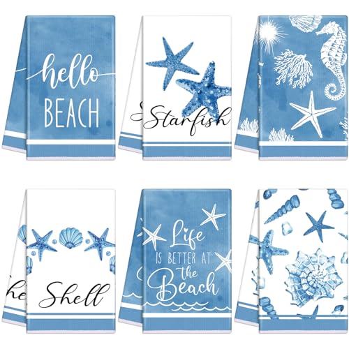 Oudain 6 Pcs Beach Kitchen Towels Ocean Coastal Hand Towel Sea Theme Nautical Starfish Shells Tea Dishcloths 24 x 16 Inches Seahorse Dish Cloths for Home Kitchen Bathroom Xmas Gifts - color: Starfish
