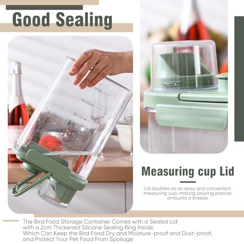 2 Pcs Bird Seed Storage Container 3 Qt/2.8 L with Tight Lids Airtight Cup Pet Food Storage Measuring Containers Lids with Pouring Spouts for Macaws African Grey Cockatoos (Green) - color: Green