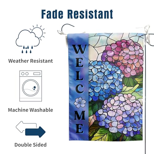 Hydrangea Spring Summer House Flag 28 x 40 Double Sided for Outside Stained Glass Flower Garden Decor Blue Floral Welcome Outdoor Yard Banner - color: hydrangea