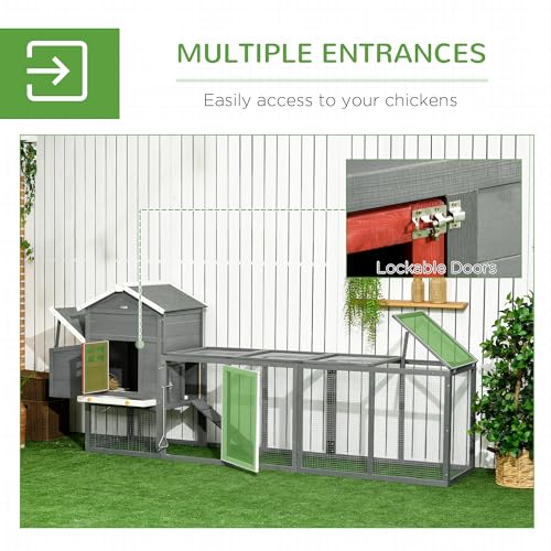 PawHut 118" Extra Large Chicken Coop Asphalt Roof for 3-6 Chickens Gray | Wooden Hen Run, Slide-Out Tray, Nesting Box, Hen Hutch - color: Gray