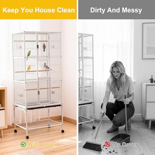69 inches Bird Cage with Dust Cover, Birdcages with Rolling Wheels | Large Bird Cages for Cockatiels Quaker Conure Parakeet Lovebird Finch Canary Small Medium Parrot Cage Birdcage,White - color: White