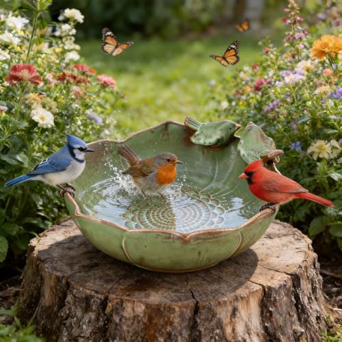 Ceramic Bird Bath for Outdoors, 10.1" Ground Ceramic Bird Baths Bowl for Outside, Garden Bird Baths Weather Resistant, Birdbath for Deck, Balcony, Lawn - color: Green