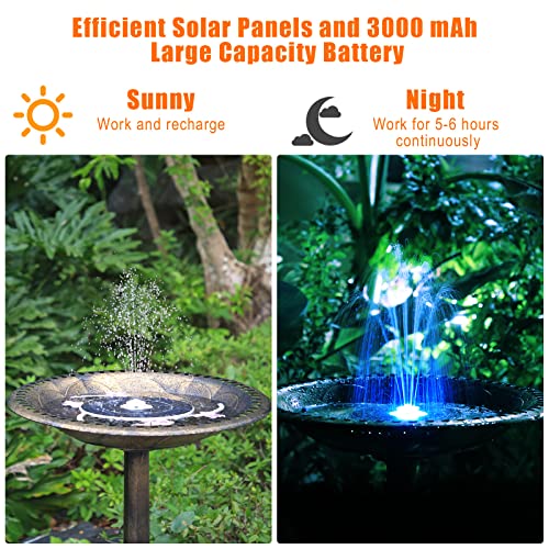 AISITIN 3.5W Solar Fountain with Lights & 1500mAh Battery Backup | Solar Powered Bird Bath Fountain with 6 Nozzles, Perfect for Ponds, Pools, Gardens, and Fish Tanks – Day and Night Use