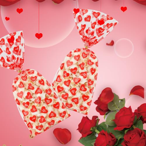 Valentines Treat Bags, 100 PCS Valentines Goodie Bags, Valentines Day Plastic Goodie Candy Goody Cookie Favor Ziplock Cellophane Treat Bags for Classroom Party Small Mini Valentines Gift Bags Bulk - color: 100pcs-Valentine bags